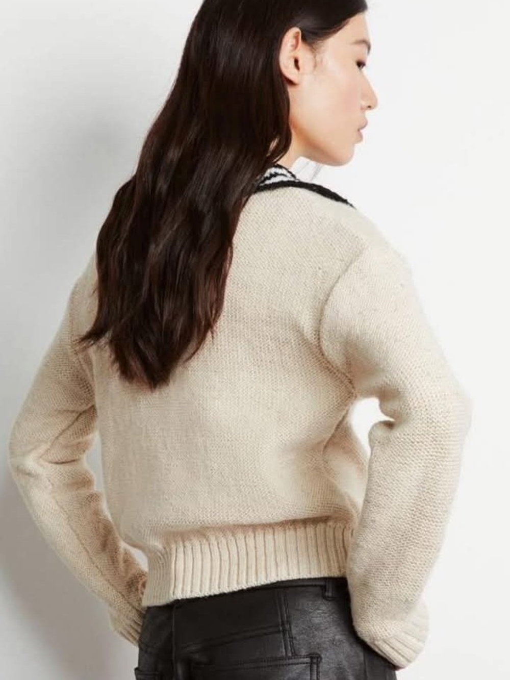 NWT H&M Contrast Striped Collared Zip-Front Polo Sweater In Cream/Black - M - Picture 2 of 8